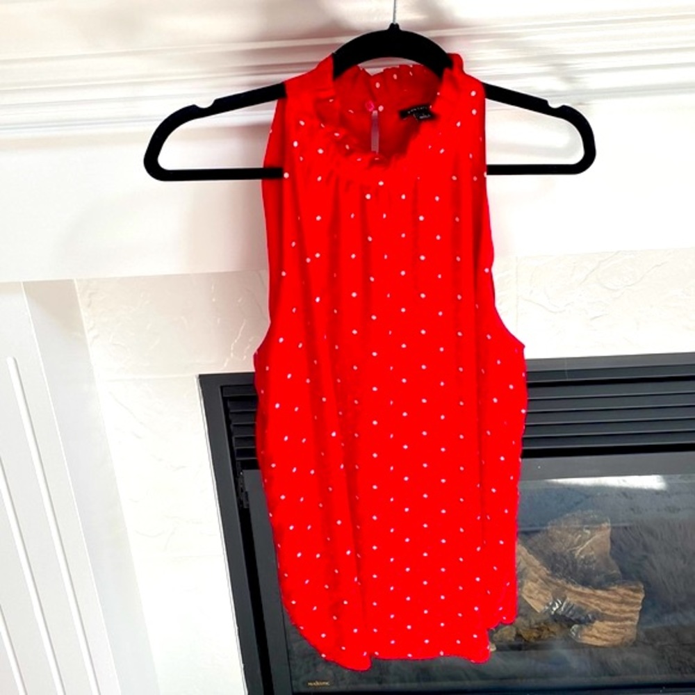 Ann Taylor Red Polka Dot Sleeveless High Collared Blouse- Size L